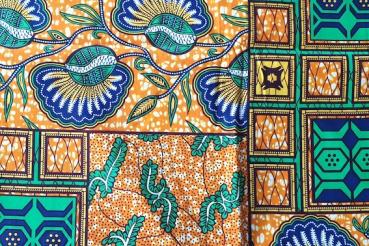 Preview: ORANGE-GREEN-PATCHWORK Waxprint Stoff